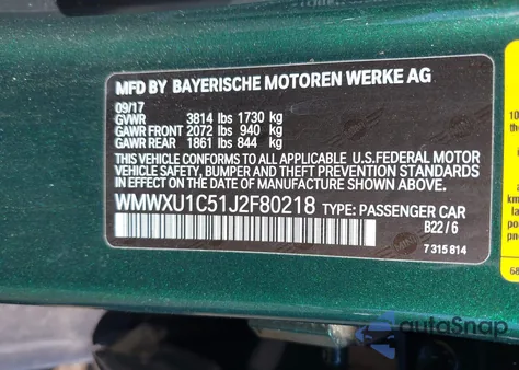 2018 Mini Hardtop Cooper from USA, damaged, VIN WMWXU1C51J2F80218